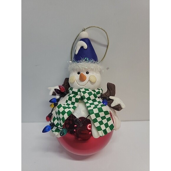 SNOWMAN Shaterproof Ornament Christmas Santa 4.5” Checkered Scarf - Picture 1 of 7